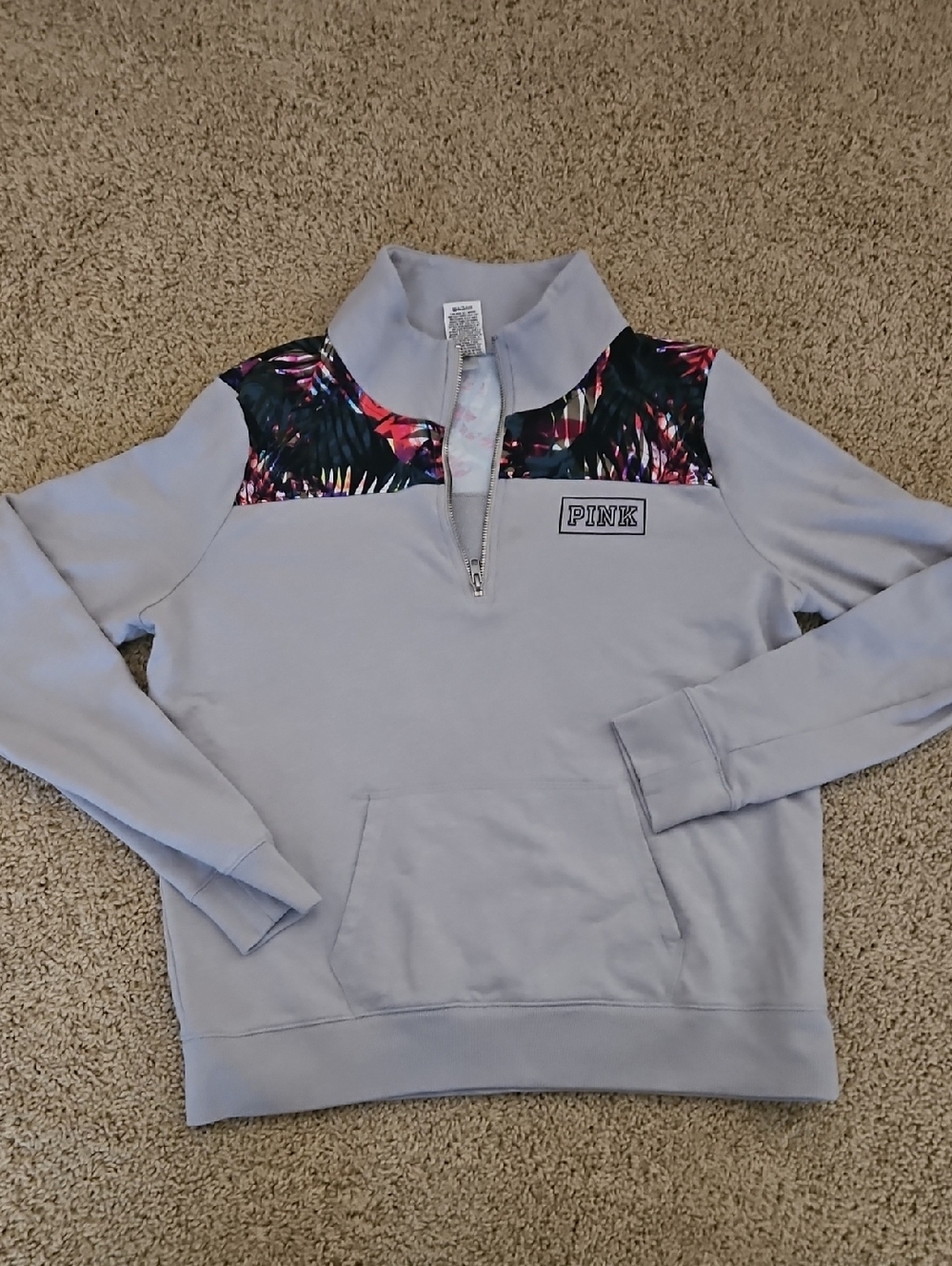 PINK Gray Quarter-Zip Pullover with Colorful Tropical Trim